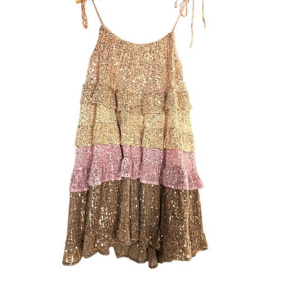 Area Stars Colorblock Dress Sequin Tiered Trapeze Swing Mini Multi NWT Small - Picture 3 of 6